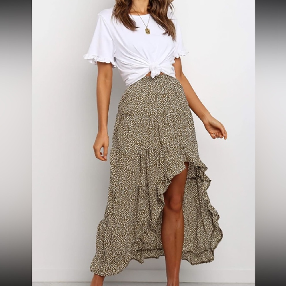 WOMENS POLKA DOT PRINT MAXI SKIRT OLIVE BROWN